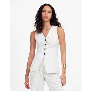 Madewell Women's V-Neck Linen Blend Cutaway Vest Ivory Black Pinstripe 12 New